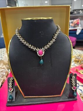 Pink and Teal Stone Kundan Necklace Set - Women Jewelry